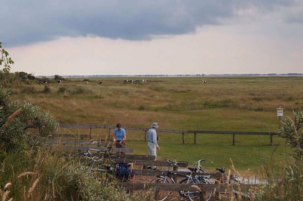 Wandelaars met fietsen op het pad bij de Kobbeduinen op Schiermonnikoog, met de kwelder erachter